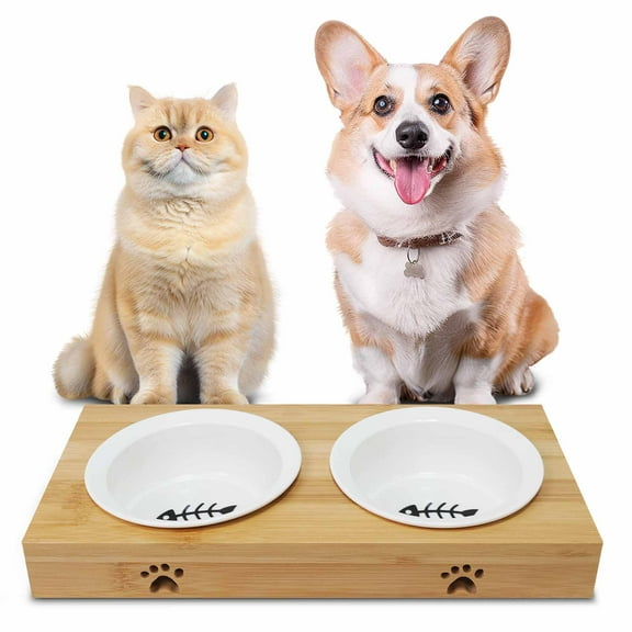 Njjex Elevated Cat Bowls with Bamboo Stand – 15° Tilt Ceramic Feeder Dish for Cats & Small Dogs, Non-Slip Design, Whisker Fatigue Relief, Dishwasher & Microwave Safe