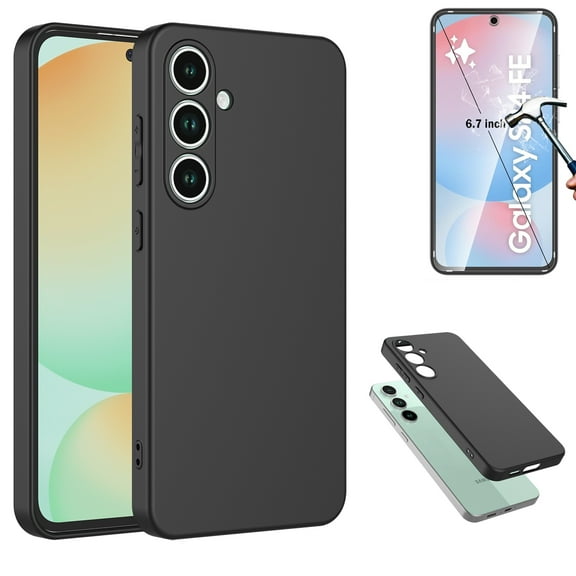 Njjex For Galaxy S24 FE 5G Case with Screen Protector,Liquid Silicone Soft Gel Rubber Slim Microfiber Lining Cushion Texture Cover Shockproof Protective Case for Samsung S24 FE 6.7", Black
