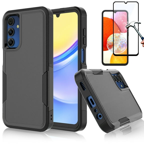 Njjex for Galaxy A15 Phone Case,360°Full Body Shockproof Heavy Duty Protection With Tempered Glass Screen Protector Case Cover for Samsung Galaxy A15 5G 2024 (Black)