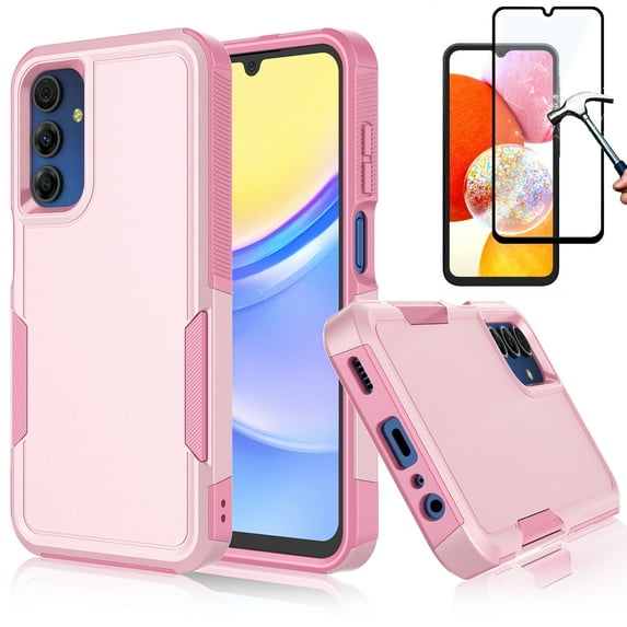 Njjex for Galaxy A15 Phone Case,360°Full Body Shockproof Heavy Duty Protection With Tempered Glass Screen Protector Case Cover for Samsung Galaxy A15 5G 2024 (Pink)