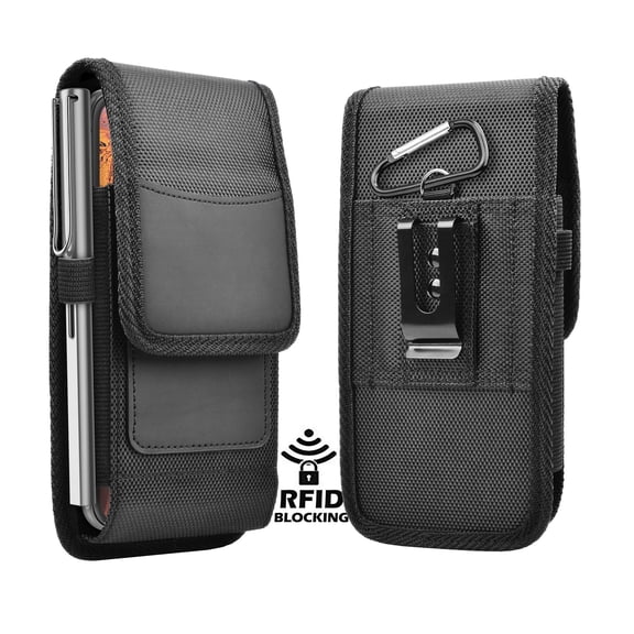 Njjex for Google Pixel 6 Pro 5 / 3A / 4 / 4 XL / 3XL / 2 / 2 XL Rugged Pouch Case, Nylon Metal Belt Clip Pouch RFID Wallet Card Slots Holder (Fits Otterbox Defender / Lifeproof / Battery Case on)