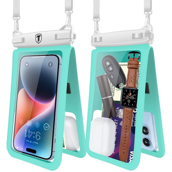 Njjex Large Waterproof Phone Lanyard Case - 1 Pack, Double Space Waterproof Phone Case with iPhone 14/13/12/11 Pro Max/Pro/8 Plus, Galaxy S23/S22/S21/S10/Note 20/10/9 , Dry Bag for Vacation-Green