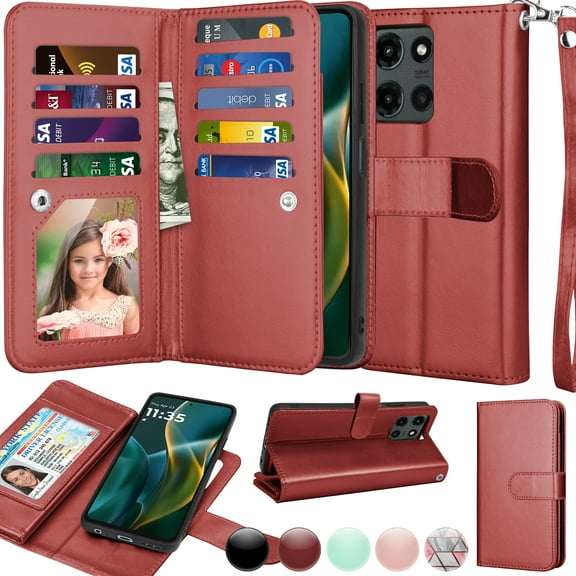 Njjex For Motorola Moto G 5G 2025 Wallet Case, Luxury PU Leather [9 Card Slots] Folio Cover with Detachable Magnetic Hard Case + Kickstand & Wrist Strap - Wine