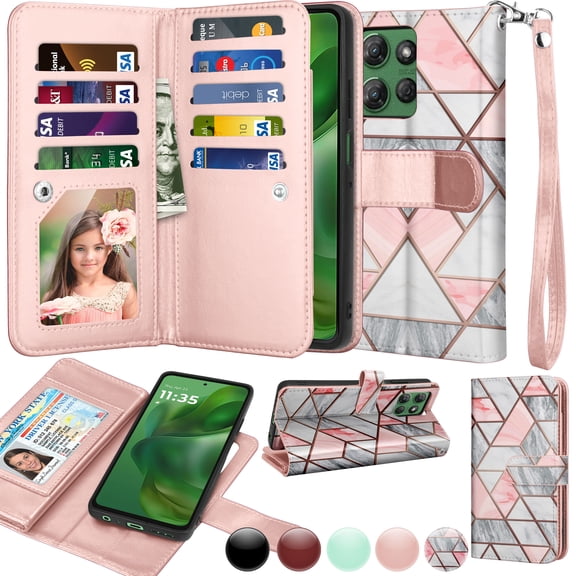 Njjex For Motorola Moto G Power 5G 2025 Wallet Case, Luxury PU Leather [9 Card Slots] Folio Cover with Detachable Magnetic Hard Case + Kickstand & Wrist Strap - Marble