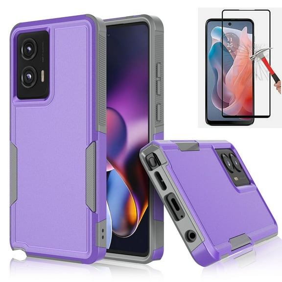 Njjex for Motorola Moto G Stylus 5G 2024 Case with Tempered Glass Screen Protector,360 Full Body Heavy Duty Rugged Shockproof Protective 2 in 1 PC Phone Cover,Purple