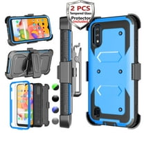 Njjex Phone Cases for Samsung Galaxy A01 5.7" 2020, [2 Pack Temerped Glass Screen Protector] Combo Holster Belt Clip [Heavy Duty] [Kickstand] Full-Body Rugged Holster Case (Blue)