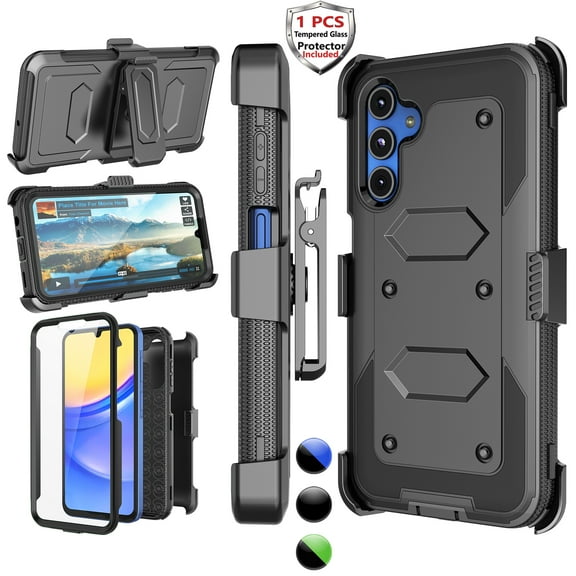 Njjex Phone Cases for Samsung Galaxy A15 6.5" 5G 2024, [Buit-in Temerped Glass Screen Protector] Combo Holster Belt Clip [Heavy Duty] [Kickstand] Full-Body Rugged Holster Case（Black)