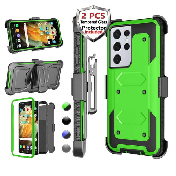 Njjex Phone Cases for Samsung Galaxy S21 Plus S21+ 5G 6.7" 2021, [2 Pack Temerped Glass Screen Protector] Combo Holster Belt Clip [Heavy Duty] [Kickstand] Full-Body Rugged Holster Case (Green)