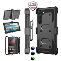 Njjex Phone Cases for Samsung Galaxy S23, [Buit-in Temerped Glass Screen Protector] Combo Holster Belt Clip [Heavy Duty] [Kickstand] Full-Body Rugged Holster Case（Black)