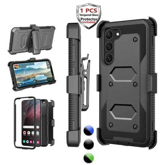 Njjex Phone Cases for Samsung Galaxy S23, [Buit-in Temerped Glass Screen Protector] Combo Holster Belt Clip [Heavy Duty] [Kickstand] Full-Body Rugged Holster Case（Black)
