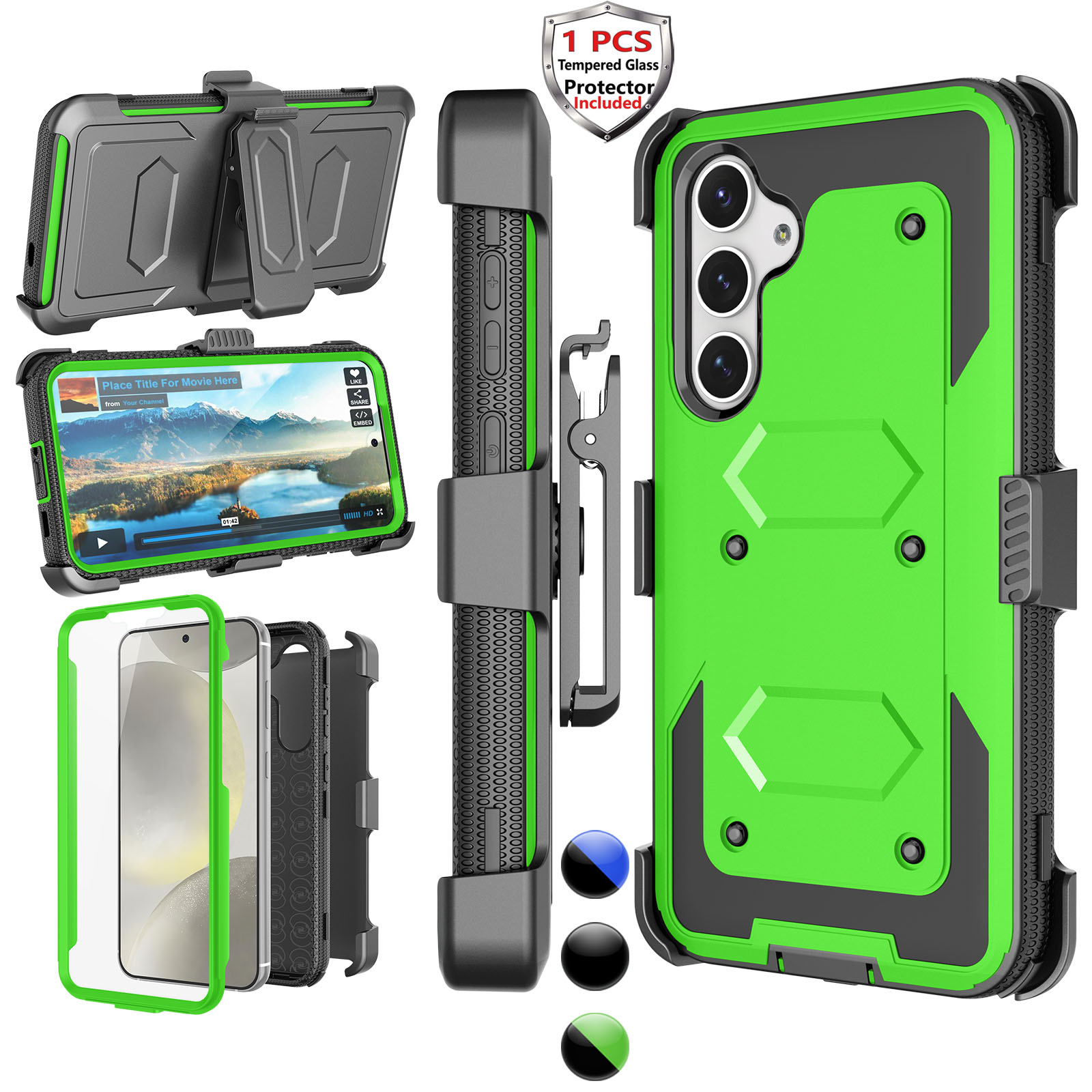 Njjex Phone Cases for Samsung Galaxy S24 5G 2024, [Buit-in Temerped Glass Screen Protector] Combo Holster Belt Clip [Heavy Duty] [Kickstand] Full-Body Rugged Holster Case（Green) - image 1 of 6