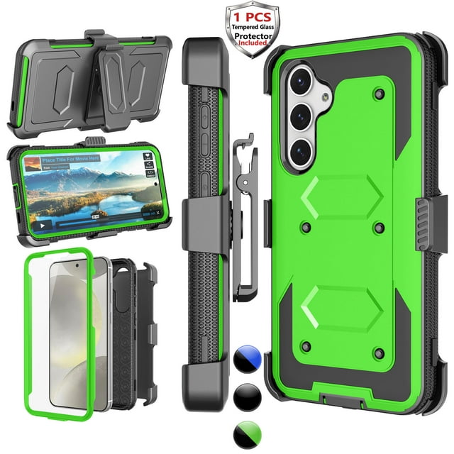 Njjex Phone Cases for Samsung Galaxy S24 5G 2024, [Buit-in Temerped Glass Screen Protector] Combo Holster Belt Clip [Heavy Duty] [Kickstand] Full-Body Rugged Holster Case（Green)