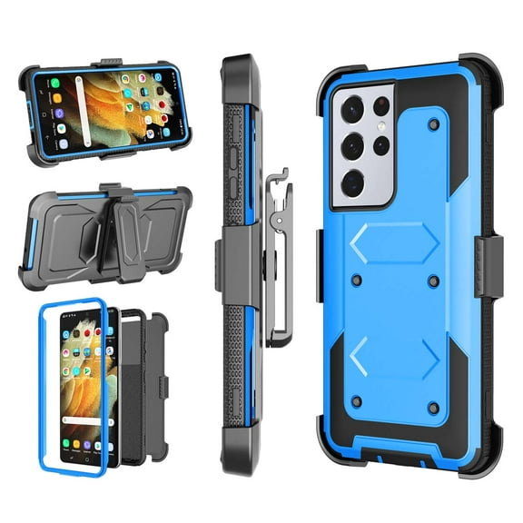 Njjex Phone Cases for Samsung Galaxy S21 Ultra 5G 6.8" 2021, Combo Holster Belt Clip [Heavy Duty] [Kickstand] Full-Body Rugged Holster Case (Blue)