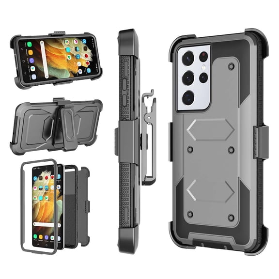 Njjex Phone Cases for Samsung Galaxy S21 Ultra 5G 6.8" 2021, Combo Holster Belt Clip [Heavy Duty] [Kickstand] Full-Body Rugged Holster Case (Gray)