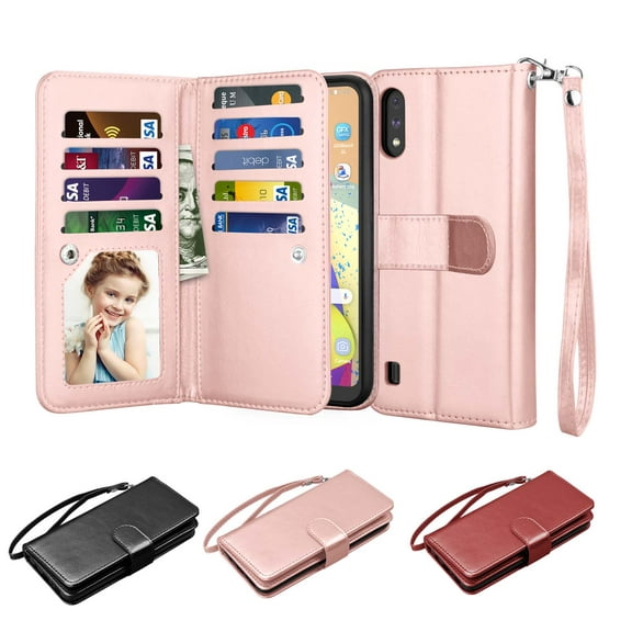 Njjex for Samsung Galaxy A11 A21 A01 A51 A71 4G 5G Cases Wallet, PU Leather [9 Card Slots] Credit Holder Folio Flip [Detachable] Kickstand Magnetic Phone Cover & Lanyard -Rose Gold