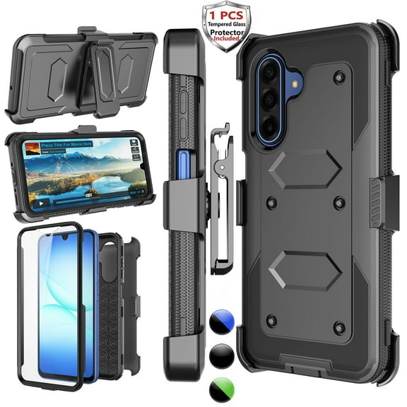 Samsung Galaxy A17 5G Case with Holster Clip [3-in-1 Rotating Belt Clip & Kickstand] Built-in Screen Protector, Shockproof Full-Body Cover, Wireless Charging Compatible – Black