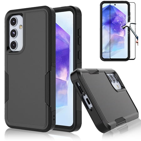 Njjex for Samsung Galaxy A55 5G 6.6" Phone Case,360 Full Body Shockproof Heavy Duty Protection With Tempered Glass Screen Protector Case Cover for Galaxy A55 5G (Black)