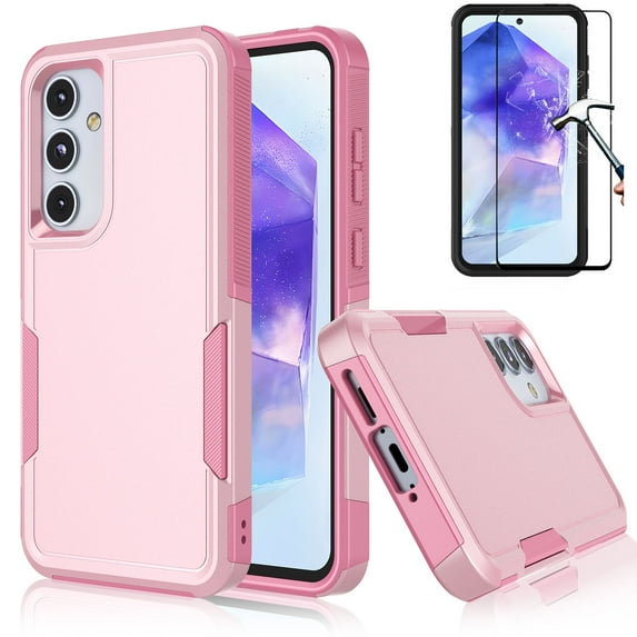 Njjex for Samsung Galaxy A55 5G 6.6" Phone Case,360 Full Body Shockproof Heavy Duty Protection With Tempered Glass Screen Protector Case Cover for Galaxy A55 5G (Pink)