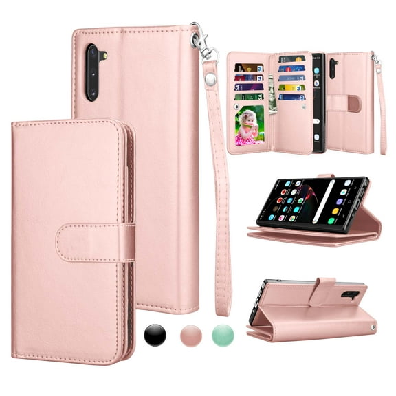 Njjex Wallet Cases for Galaxy Note 10 10+ Plus 5G Note 9 8, Njjex [Wrist Strap] Luxury PU Leather Wallet Flip Protective Case Cover with 9 Card Slots & KickStand -Rose Gold