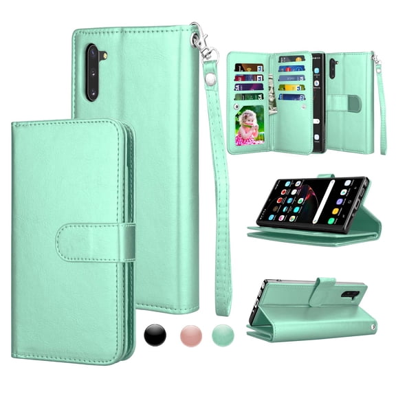 Njjex Wallet Cases for Galaxy Note 10 10+ Plus 5G Note 9 8, Njjex [Wrist Strap] Luxury PU Leather Wallet Flip Protective Case Cover with 9 Card Slots & KickStand -Turquoise