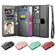 Njjex Wallet Cases for iPhone 11 Pro Max, iPhone 11 Pro, iPhone 11, Njjex [Wrist Strap] Luxury PU Leather Wallet Flip Protective Case Cover with 9 Card Slots & KickStand -Black