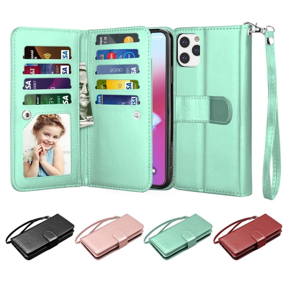 Njjex Wallet Cases for iPhone 11 Pro Max, iPhone 11 Pro, iPhone 11, Njjex [Wrist Strap] Luxury PU Leather Wallet Flip Protective Case Cover with 9 Card Slots & KickStand -Turquoise