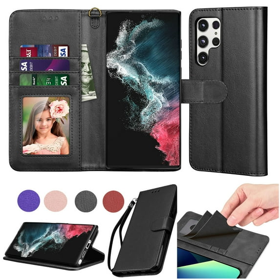 Njjex for Samsung Galaxy S22 Ultra(6.8")Wallet Phone Case, Lanyard Flip Card Holder Slot Magnetic PU Leather Purse Kickstand Protective Case, Black