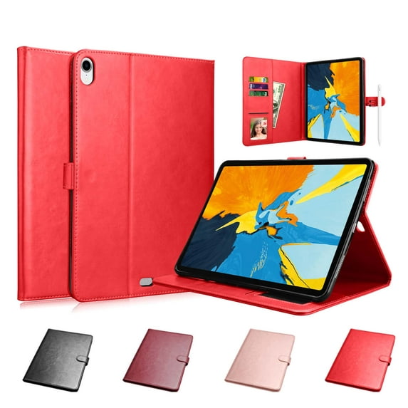 Njjex iPad Pro 11" 2018 Case, iPad Pro 11 inch Cover, A1980 A2013 A1934 A1979 Case, Leather Slim Folio Stand Case with Card Slots Magnetic Closure Protective Cover (Support Wireless Charging)-Red
