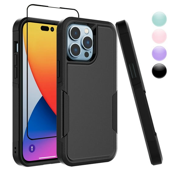 Njjex iPhone 14 Pro Case with Screen Protector, Shockproof Full Coverage Protective Cover Phone Case for iPhone 14 Pro 6.1" Black