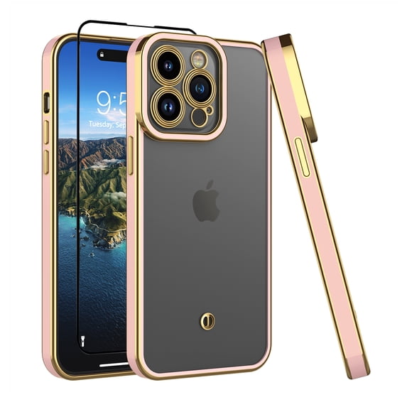 Njjex for iPhone 15 Plus Phone Case with Screen Protector ,Luxury Gold Plated 360°Soft Slim Cover Shockproof Full Protective Phone Case Cover for iPhone 15 Plus 6.7 Inch, Pink