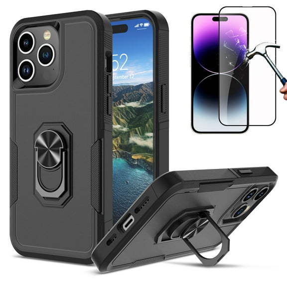 Njjex for iPhone 15 Pro Phone Case with Rotatable Ring Holder [Bulit-in Kickstand],360°Full Body Shockproof Heavy Duty Protection Case with Screen Protector for iPhone 15 Pro 6.1 Inch, Black
