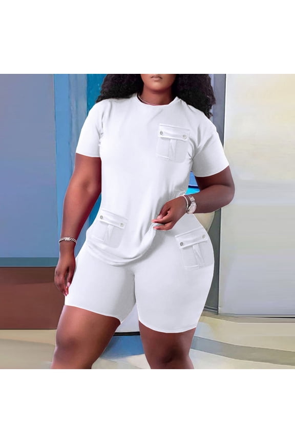 2 Piece Tracksuit Set for Women, Women's Casual Short Sleeve Tops Pockets Bodycon Biker Shorts Set Jogger Outfits Running Workout Gym Clothes