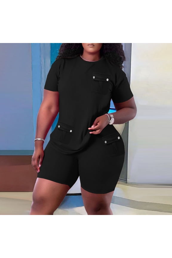 2 Piece Tracksuit Set for Women, Women's Casual Short Sleeve Tops Pockets Bodycon Biker Shorts Set Jogger Outfits Running Workout Gym Clothes