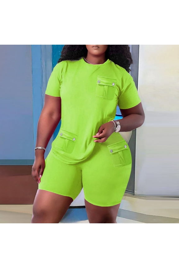 2 Piece Tracksuit Set for Women, Women's Casual Short Sleeve Tops Pockets Bodycon Biker Shorts Set Jogger Outfits Running Workout Gym Clothes