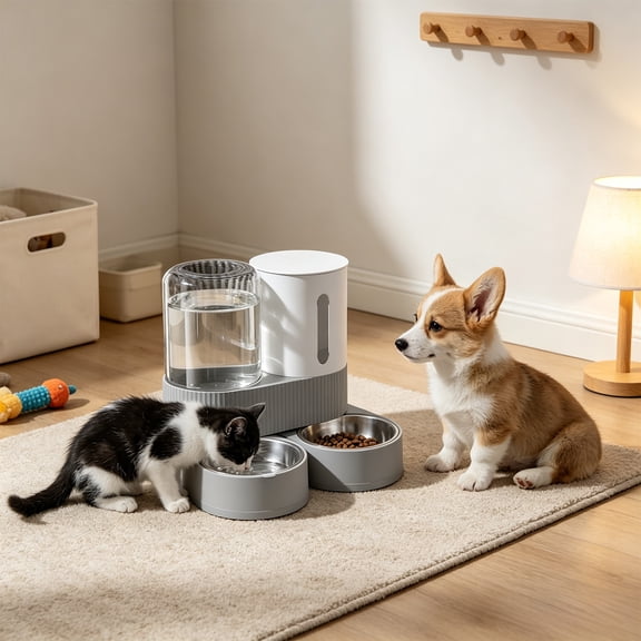 Njoeus 2-in-1 Pet Feeder, Food and Water Dispenser, Twin Bowl for Cats Dogs Brings Complete Feeding Solution with Dual Bowls for Puppies and Felines in Gray