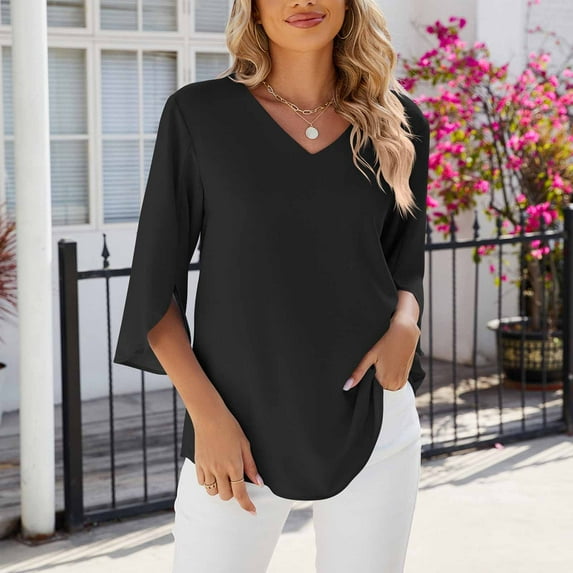 Njoeus 2024 Womens 3/4 Sleeve V-Neck Chiffon Shirts Casual Loose Tunic Top Summer Work Dressy Blouse Tops S-XXL