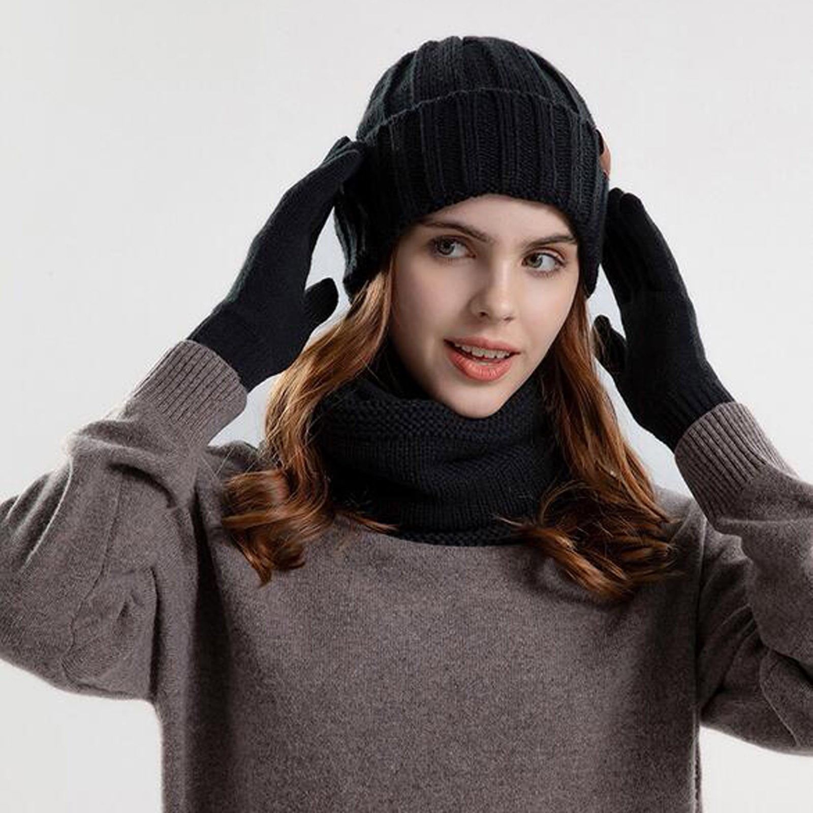 Winter Beanie Hat Scarf Gloves Ear Muffs Fuzzy Socks 5pc Set for Women 5-Piece Winter Set For Women - Knit Beanie Hat, Scarf, Touch  main image 3