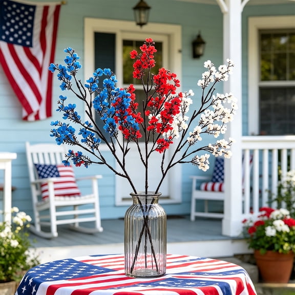 Njoeus 3PC Independence Day Simulation Flower Wintersweet Baby's Breath Blue White and Red 1 Each 5-Fork Wintersweet Wedding Home Decoration Three Stems Add Red White and Blue Holiday Cheer