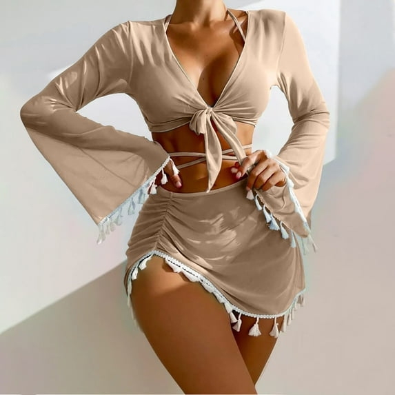 Njoeus 4 Piece Swimsuit for Women Bikini Push-Up Bras Panty Swimwear Casual Cover Up Skirt Bathing Suit Long Sleeve Open Coverup Tops Beachwear Set