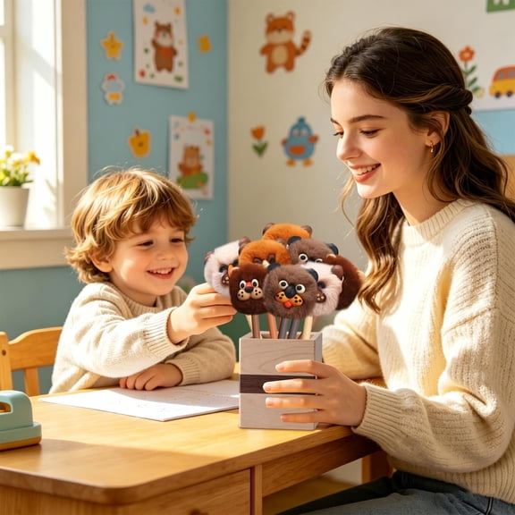 Njoeus 4pc sch-ool Starting Season stud-ent Stationery Plush Ball Gel Pen One Set of Four Fluffy Pom-Pom Pens Turns Every Writing Session into a Soft and Squeezable Comfort Break