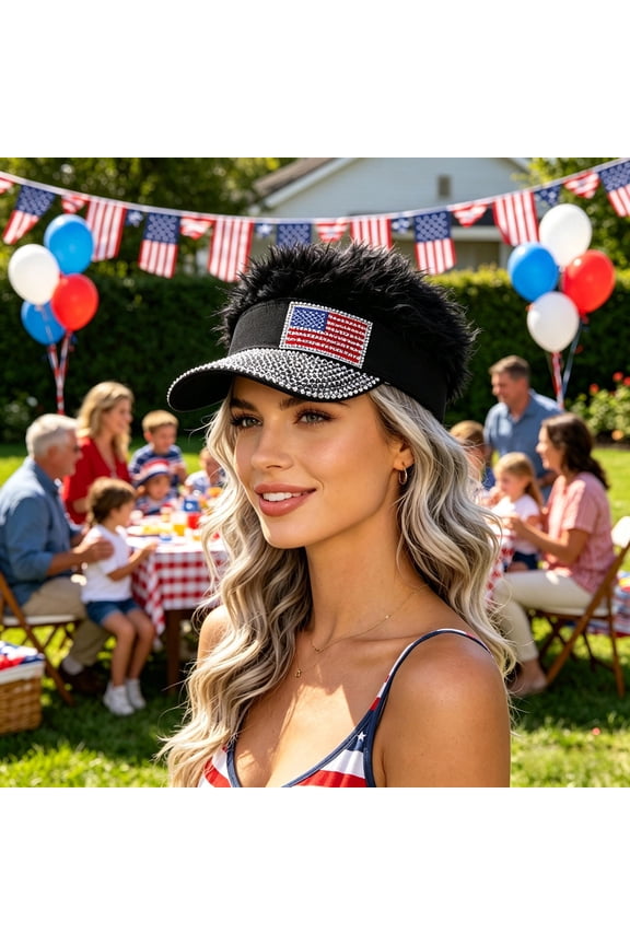 Americans Independence Day Themed Party Hat and Rhinestone Flag Realistic Baseball Cap Wig One Rhinestone Flag Baseball Cap Turns Your Head into a Glittering Tribute to America