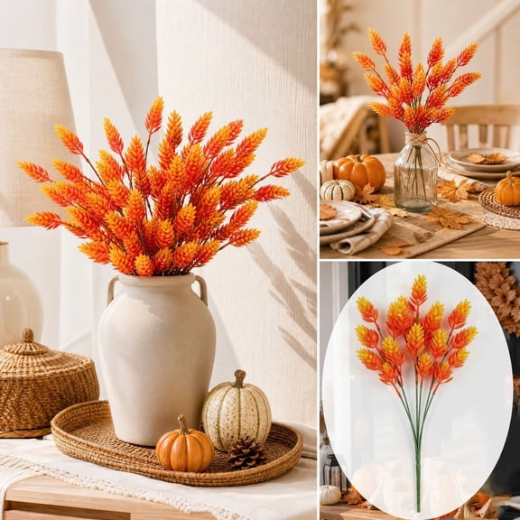 Njoeus Artificial Spike Foliage Stems, Fall Floral Picks, Table Centerpiece Branches, Brings Simulated Decorative Branches for Vase and Indoor Seasonal Display in Orange