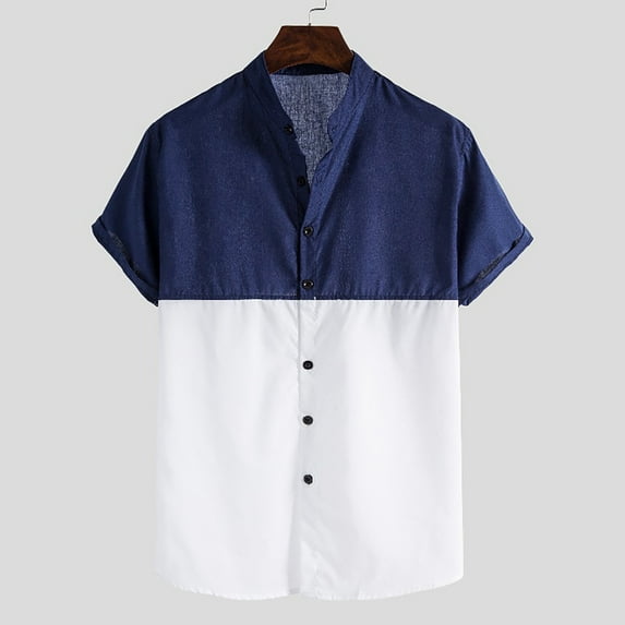 Njoeus Basic Tops Big & Tall Tops Men's Color Block Cotton Linen Shirts Fashion Casual Lightweight Short Sleeve Vacation Beach Shirt Top Blouse Graphic Tees