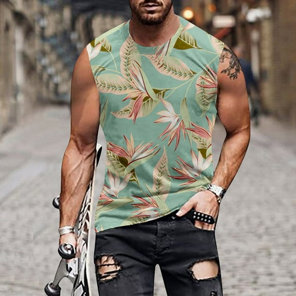 Njoeus Basic Tops Mens Graphic T Shirts Mens Hawaiian Tank Tops Tropical Graphic Sleeveless Tees Summer Sports Gym Workout T-Shirt M-4Xl Men's Big & Tall Mens White Tee Shirts