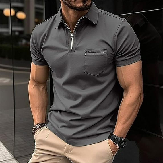 Njoeus Basic Tops T Shirts for Man Men Solid Color Shirt Casual Short Sleeve Zipper Turndown Collar Blouse Shirts Mens Shirts