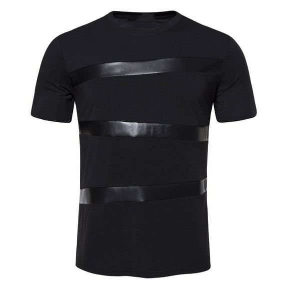 Njoeus Basic Tops Workout Tops Men's Leather Patchwork Short Sleeved T-Shirt Crewneck Tees Pullover Short Sleeved Fashionable Casual T-Shirt Top Blouses Mens White Tee Shirts