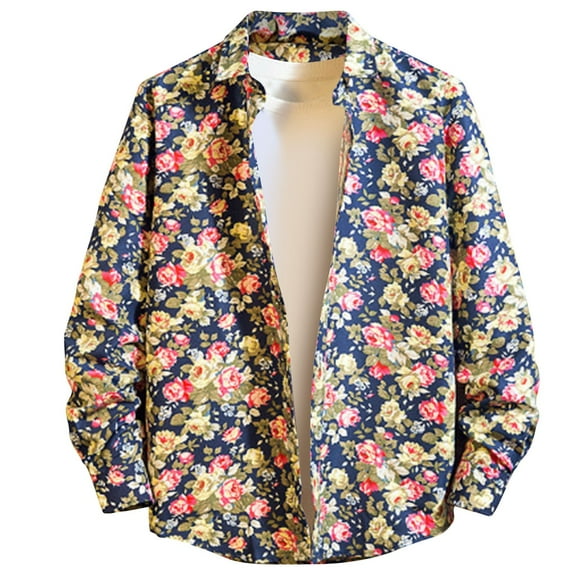 Gyedtr Big & Tall Mens Shirts Vintage Floral Travel Work Shirt for Men Long Sleeve Button Up Shirt Lightweight Young Man Stylish Casual Loose Oversized T-Shirt 3X 4X 5X Dark Blue