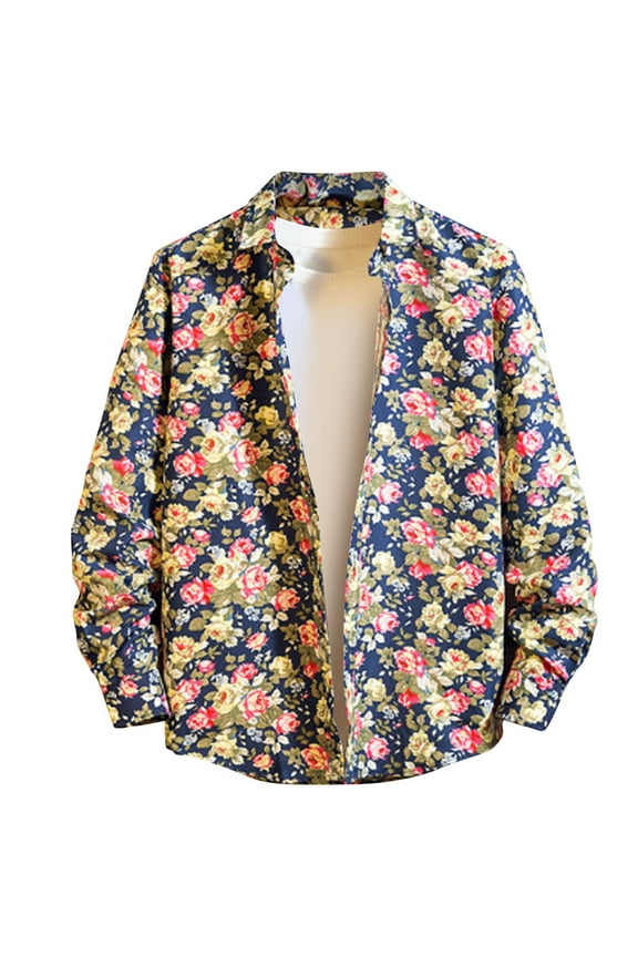 Gyedtr Big & Tall Mens Shirts Vintage Floral Travel Work Shirt for Men Long Sleeve Button Up Shirt Lightweight Young Man Stylish Casual Loose Oversized T-Shirt 3X 4X 5X Dark Blue