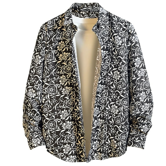 Njoeus Big & Tall Mens Shirts Vintage Floral Travel Work Shirt for Men Long Sleeve Button Up Shirt Lightweight Young Man Stylish Casual Loose Oversized T-Shirt 3X 4X 5X Clearance Black