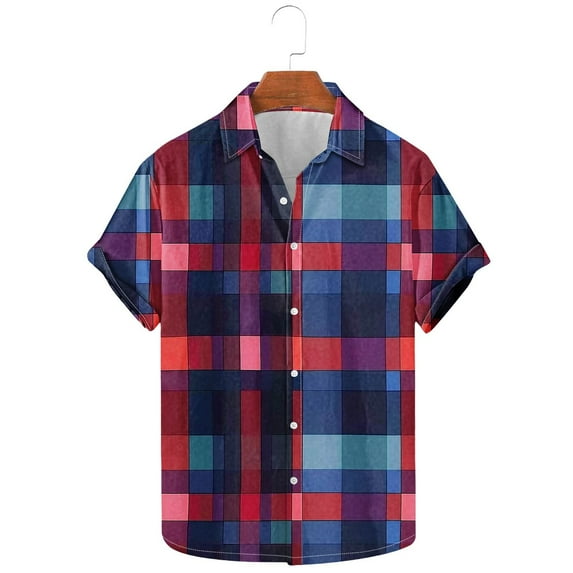 Njoeus Big & Tall Shirts for Men Short Sleeve Button Up Shirts Mens Loose Summer Vacation Plaid Shirt Casual Colorful T-Shirt for Party Clubwear 3X 4X 5X Clearance Hot Pink